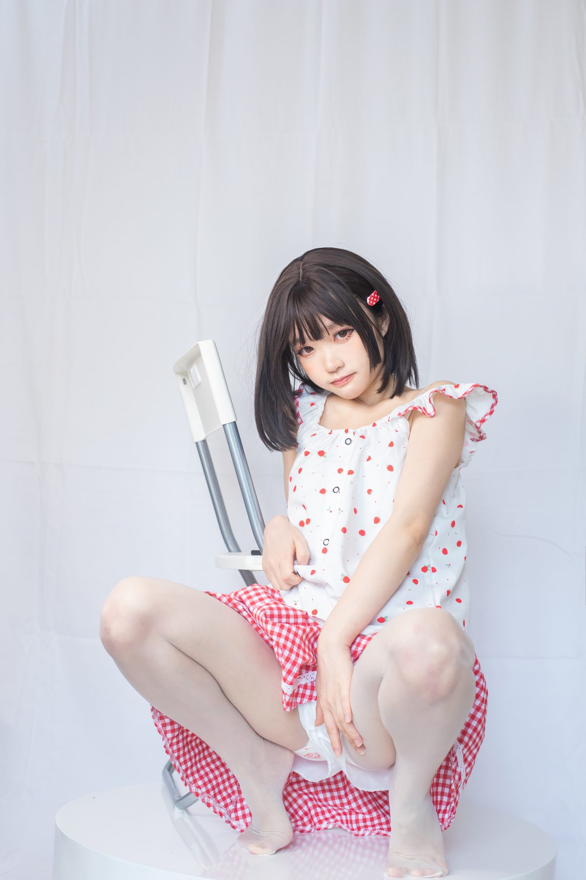 神沢永莉 粉色格子裙 COS写真